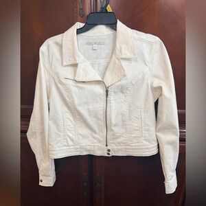 Lauren Conrad EUC White on White Polka Dot Moto denim Jacket - Size XL -
